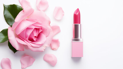 Obraz na płótnie Canvas beautiful lipstick with rose on white marble background
