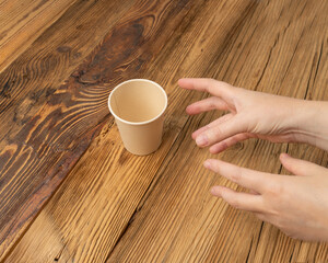 Hand Grabs Cup, Hands Reaching Empty Paper Cup, Coffee Mug, Cardboard Teacup, Hot Beverage Mockup