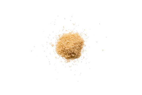 Close-up of a heap of organic raw brown sugar isolated on a transparent background without shadows from above, top view, png