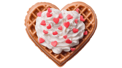 heart shaped waffle with white whipped cream and pink heart shaped toppings in valentines day theme