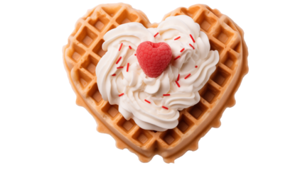 heart shaped waffle with white whipped cream and pink toppings and a raspberry in valentines day theme