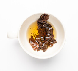 Tea Brewing Process in White Cup Isolated, Stages of Brewing Black Tea, Brew Ceremony, White Background