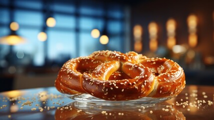  a close up of a pretzel on a glass plate on a table with gold flakes in the background.