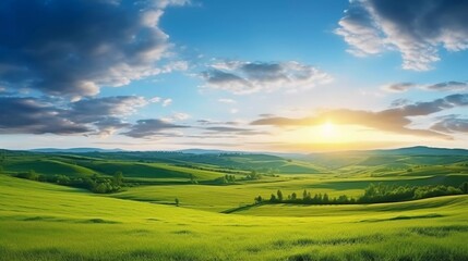 beautiful green meadow at sunrise in summer, colorful morning landscape wide panorama