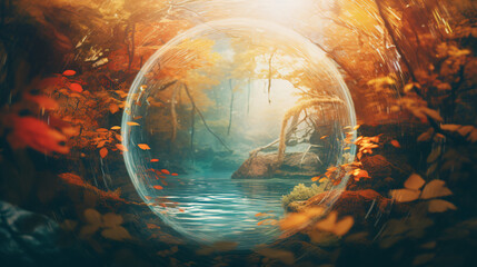 Beautiful Fantasy Autumn Forest Background with Blue