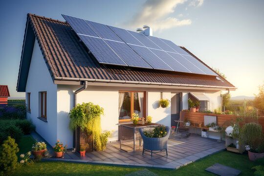 Beautiful house with solar panels on the roof under a bright sky. Sustainable and clean energy at a new eco friendly home.