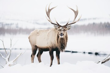 Majestic elk standing in a snow-covered landscape with mountain backdrop.