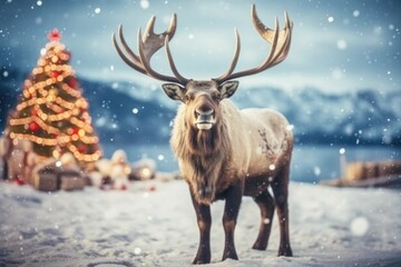 Holiday spirit captured with an elk under falling snow and festive decorations.