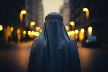 An intimate photograph of a woman donning a burqa, silently standing amidst the city's commotion, her attire contrasting with the urban surroundings - obrazy, fototapety, plakaty