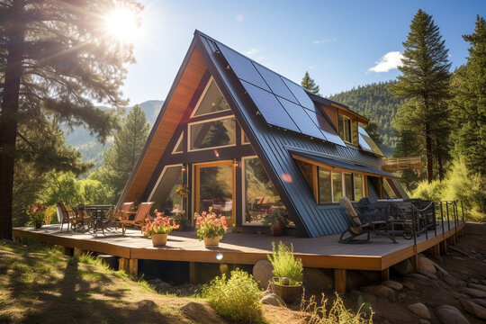 Beautiful house with solar panels on the roof under a bright sky. Sustainable and clean energy at a new eco friendly home.