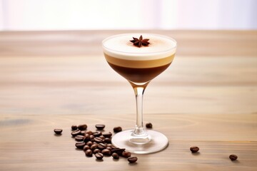 A glass with a coffee-infused cocktail resting on a light coffee-colored background, setting the mood for sophistication - obrazy, fototapety, plakaty