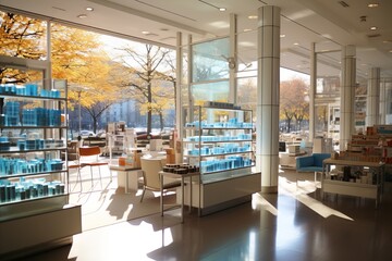 Sleek and organized modern pharmacy interior with blue and white tones for advertising