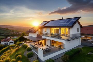 Beautiful house with solar panels on the roof under a bright sky. Sustainable and clean energy at a new eco friendly home.