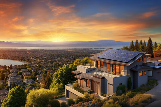 Beautiful house with solar panels on the roof under a bright sky. Sustainable and clean energy at a new eco friendly home.