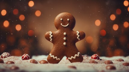  a close up of a gingerbread man on a table with christmas lights in the background and snow on the ground.