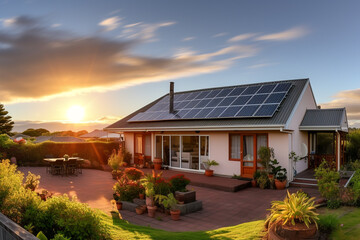 Beautiful house with solar panels on the roof under a bright sky. Sustainable and clean energy at a new eco friendly home.