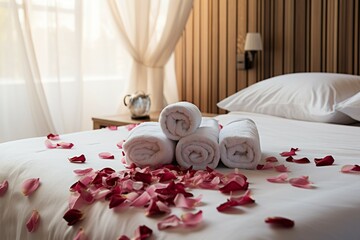 Romantic ambiance Rose petals scattered on a bed in a hotel room