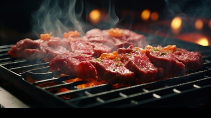  a close up of meat on a grill with a lot of smoke coming out of the top of the grill.