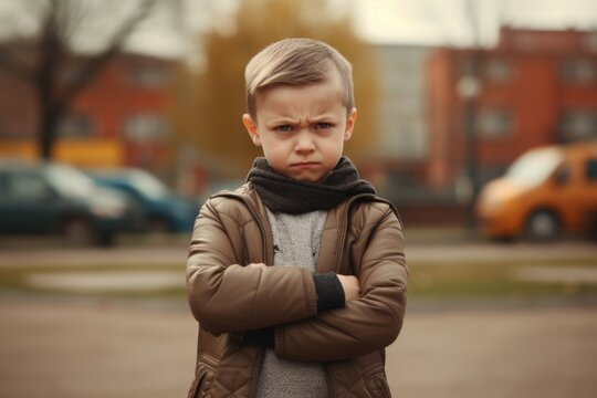 Offended upset little boy with his arms crossed posing looking at the camera