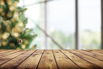 Empty table at room with christmas tree