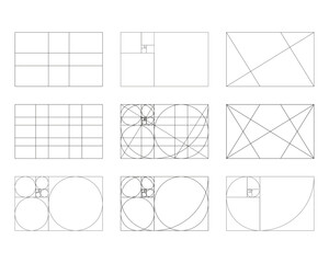 Golden ratio templates set. Fibonacci array, numbers. Harmony proportions. Method golden section. Outline vector illustration.