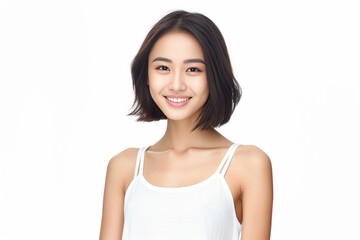 Fototapeta premium liveliness as a woman in a camisole stands and smiles against a vibrant white background, exuding a lively and stylish demeanor. Generative AI.
