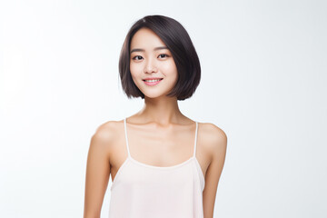 liveliness as a woman in a camisole stands and smiles against a vibrant white background, exuding a lively and stylish demeanor. Generative AI.