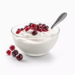 Yogurt in a bowl with cranberries and a spoon isolated on a white background, AI generator