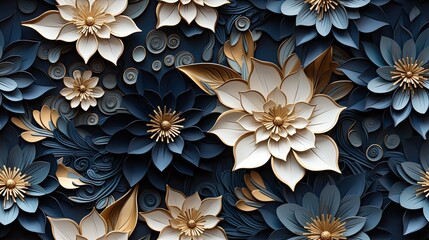 Seamless pattern of a 3D illustration featuring navy blue and gold paper quilling lotus floral, a paper filigree floral seamless pattern.
