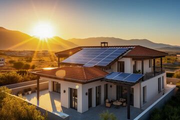 Beautiful house with solar panels on the roof under a bright sky. Sustainable and clean energy at a new eco friendly home.