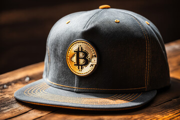 Bitcoin iconography adorning a snapback cap, positioned casually on an old, weathered wooden table