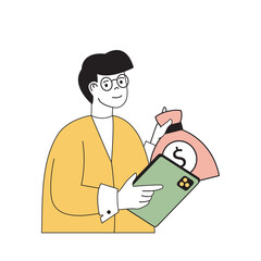 Insurance service concept with cartoon people in flat design for web. Man using safety banking, money management with deposit protect. Vector illustration for social media banner, marketing material.