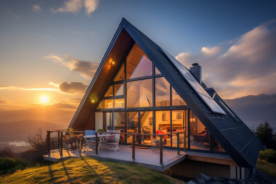 Beautiful house with solar panels on the roof under a bright sky. Sustainable and clean energy at a new eco friendly home.