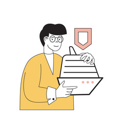 Insurance service concept with cartoon people in flat design for web. Man uses travel accident insurance for safe cruise ship journey. Vector illustration for social media banner, marketing material.