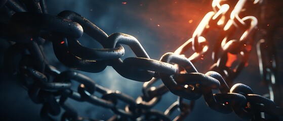 Chains break symbolizing liberation and liberation from restrictions - obrazy, fototapety, plakaty