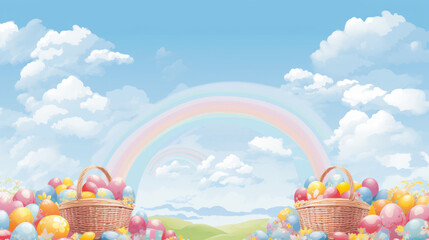 Easter Egg Baskets Filled With Easter Eggs With Rainbow On A Blue Sky Spring Day