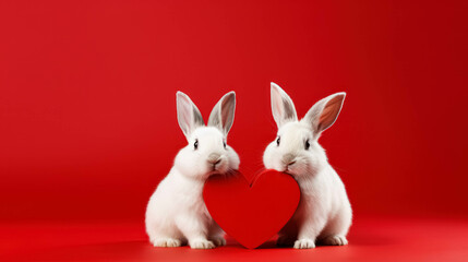 Fototapeta na wymiar Funny Animal Valentines Day, Cute Bunnies Couple Holding a Red Heart, Love, Wedding Celebration Concept Greeting Card, Red background, Copyspace