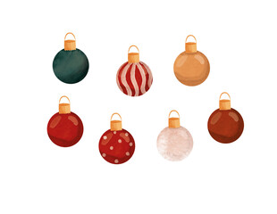 set of christmas decorations balls in green, red and gold