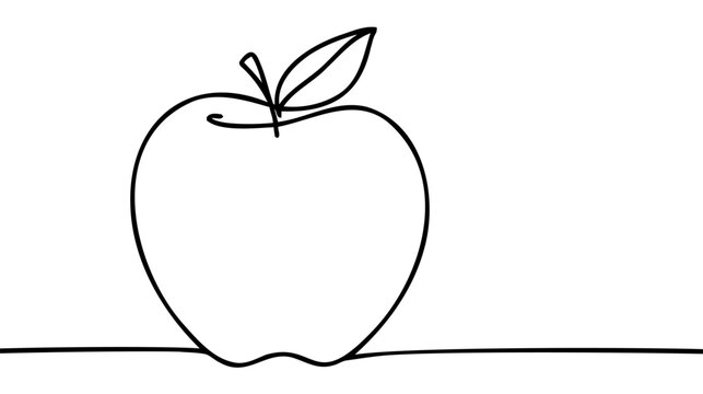 Apple continuous line drawing, Black and white vector minimalistic linear illustration made of one line