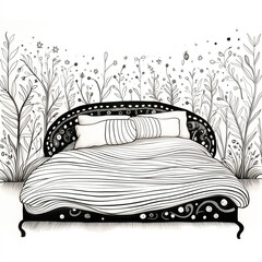 Monochrome Hand-Drawn Line Art Illustration of a Bed