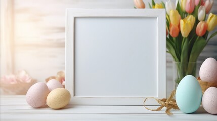 Empty blank mock up white board and Easter eggs on wooden background, template for text.