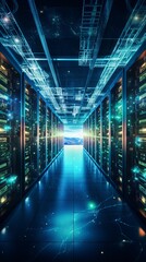 Data center server room. Modern neon server room - obrazy, fototapety, plakaty