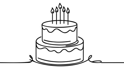 Continuous line drawing. Birthday cake with candle. Symbol of celebration.