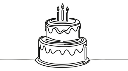 Continuous line drawing. Birthday cake with candle. Symbol of celebration.