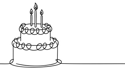 Continuous line drawing. Birthday cake with candle. Symbol of celebration.