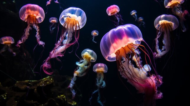 A jellyfish moves deep in the blue sea