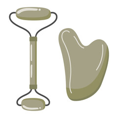 Vector illustration of beauty tools: roller, Guasha scraper. Cosmetic tools for facial care. Isolated flat illustration