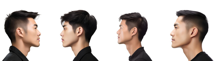 Set of Barber Shop Scenes: Side View of Elegant Korean Man, Isolated on Transparent Background, PNG - obrazy, fototapety, plakaty