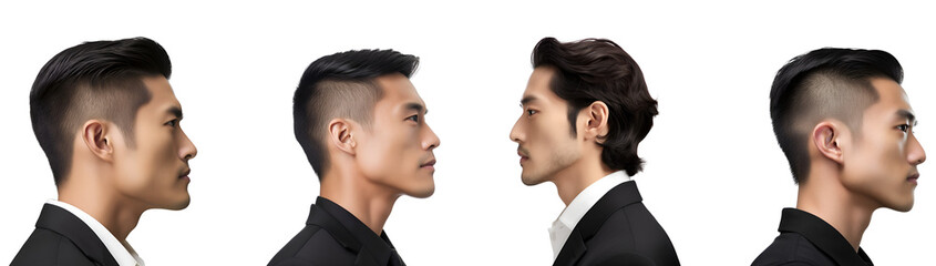 Set of Side Views: Elegant Korean Man at Barber Shop, Isolated on Transparent Background, PNG - obrazy, fototapety, plakaty