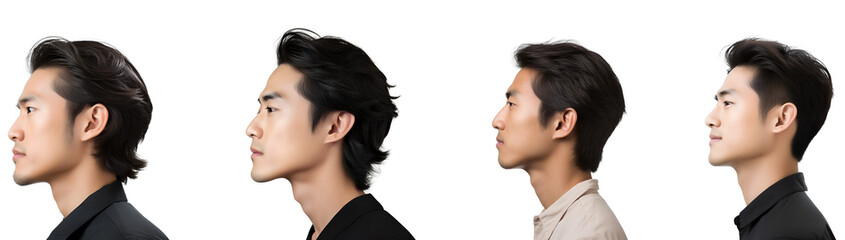 Set of Korean Man Portraits: Elegant Man’s Side View at Barber Shop, Isolated on Transparent Background, PNG - obrazy, fototapety, plakaty